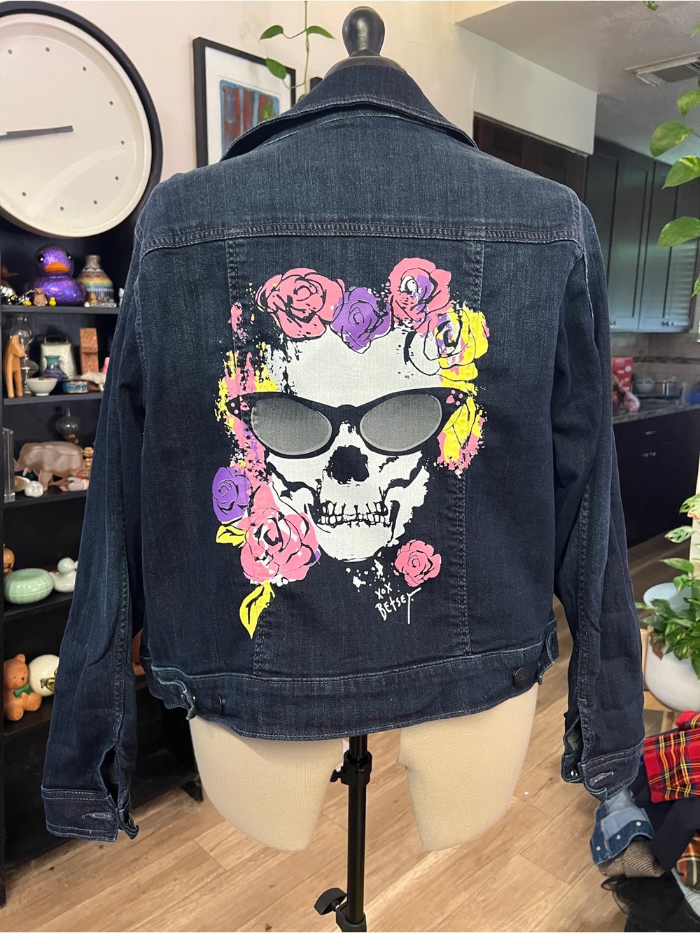 Betsey Johnson Dark Denim Jacket with Floral Skull Back Print
